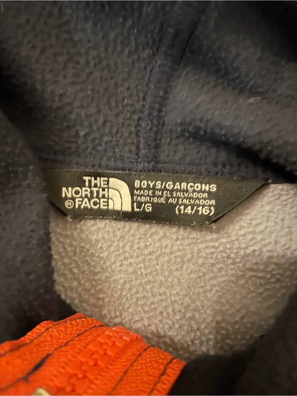 North Face Boys 14-16 Glacier Full Zip Fleece Hoodie Jacket Grey Black Orange